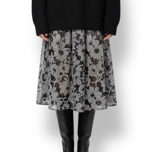 Zara Gingham Black & White Lace Floral Applique Midi Skirt Size S